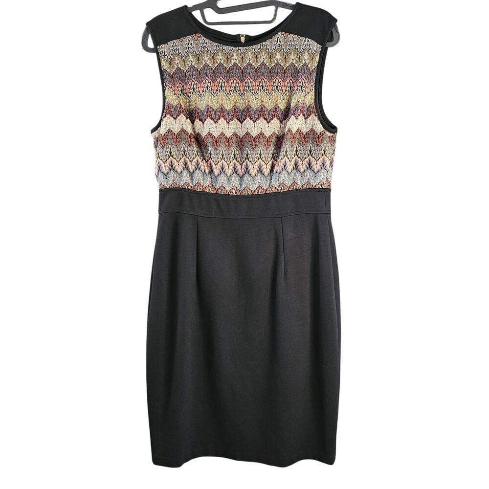Maggy London Black Jacquard Sleeveless Boho Geometric Knee Length Sheath Dress
